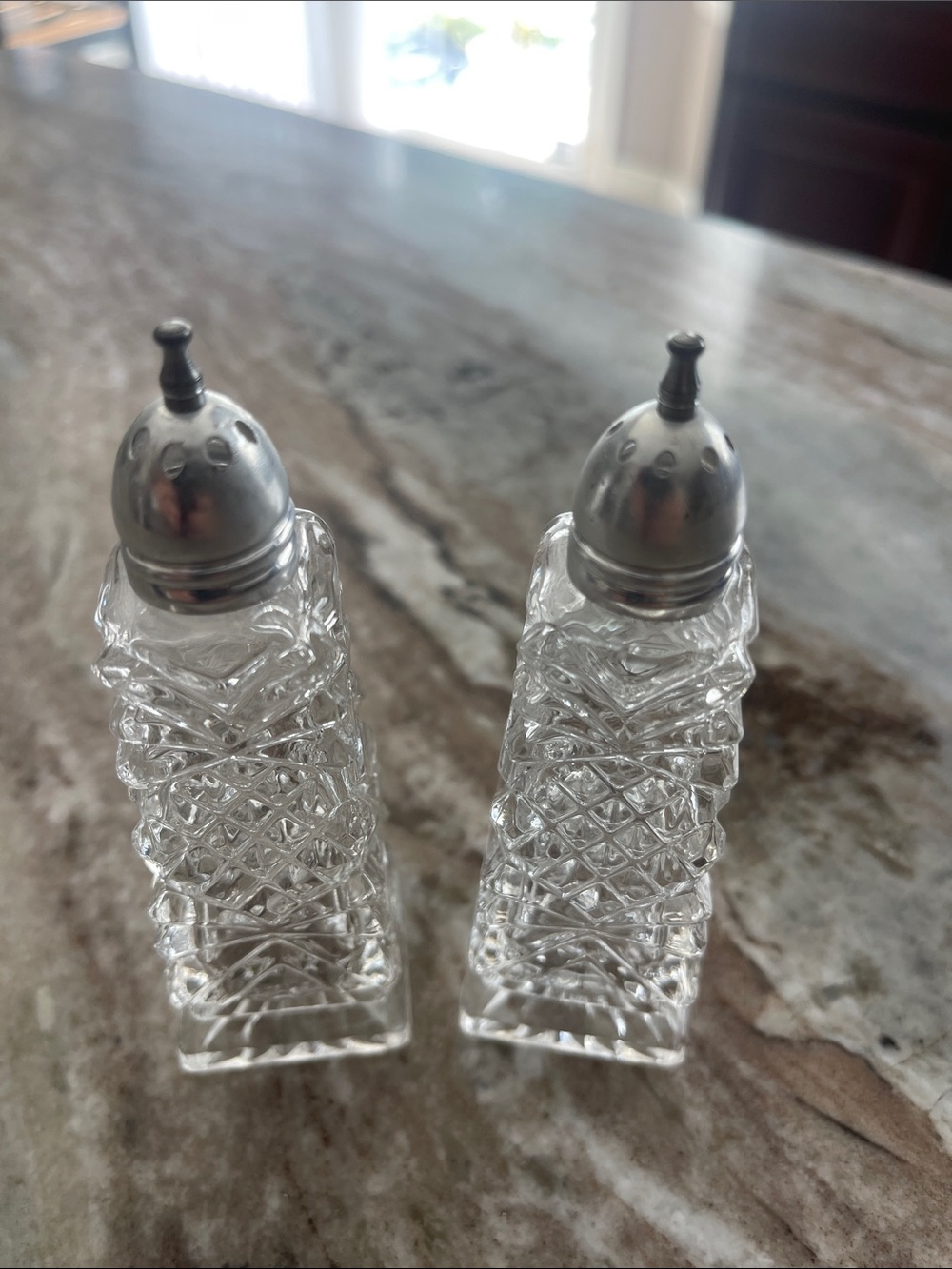 Vintage Clear Cut Glass Salt and Pepper Shakers with Silver Tops